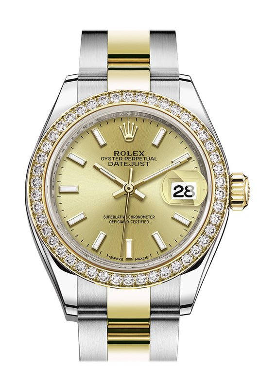 Rlx Datejust 28 Champagne Dial Diamond Bezel Yellow Gold Ladies Watch 279383RBR 279383