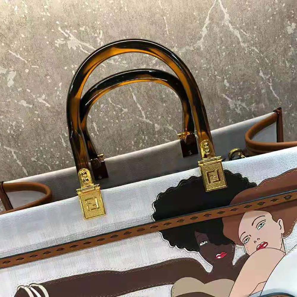 Fd Women Sunshine Medium FF white Glazed Fabric Shopper with Inlay