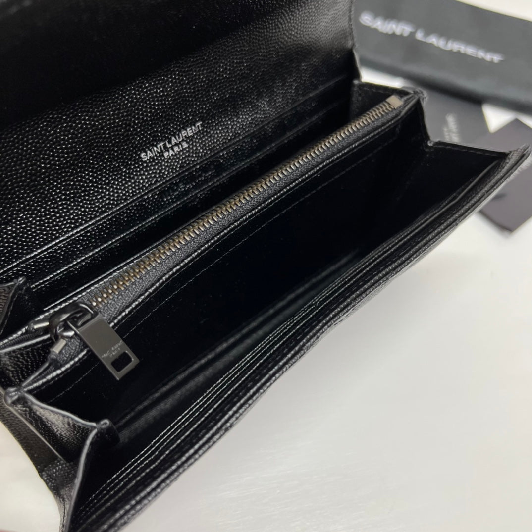 YSL Long Wallet Black Leather Black Tone 10767 19cm