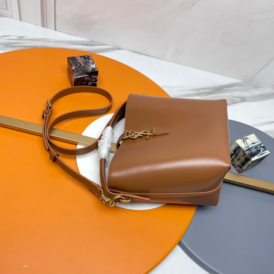 SAINT LAURENT LE 37 Mini Shiny Leather Bucket Bag Brown