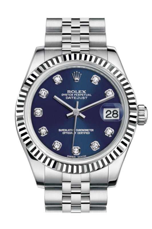 Rlx Datejust 31 Blue Set Diamonds Dial White Gold Fluted Bezel Jubilee Ladies Watch 178274