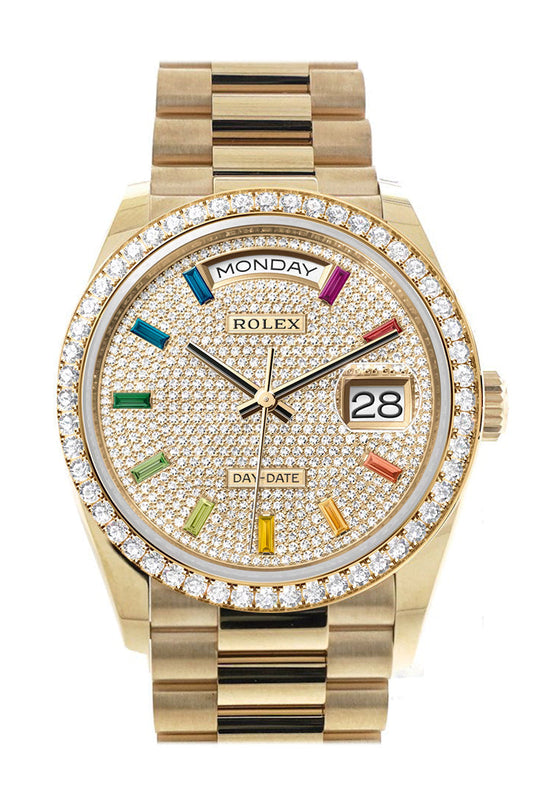 RLX Day-Date 36 Paved Rainbow Sapphire Dial Gold Diamond Bezel Diamond President Watch 128348RBR-0030 128348RBR