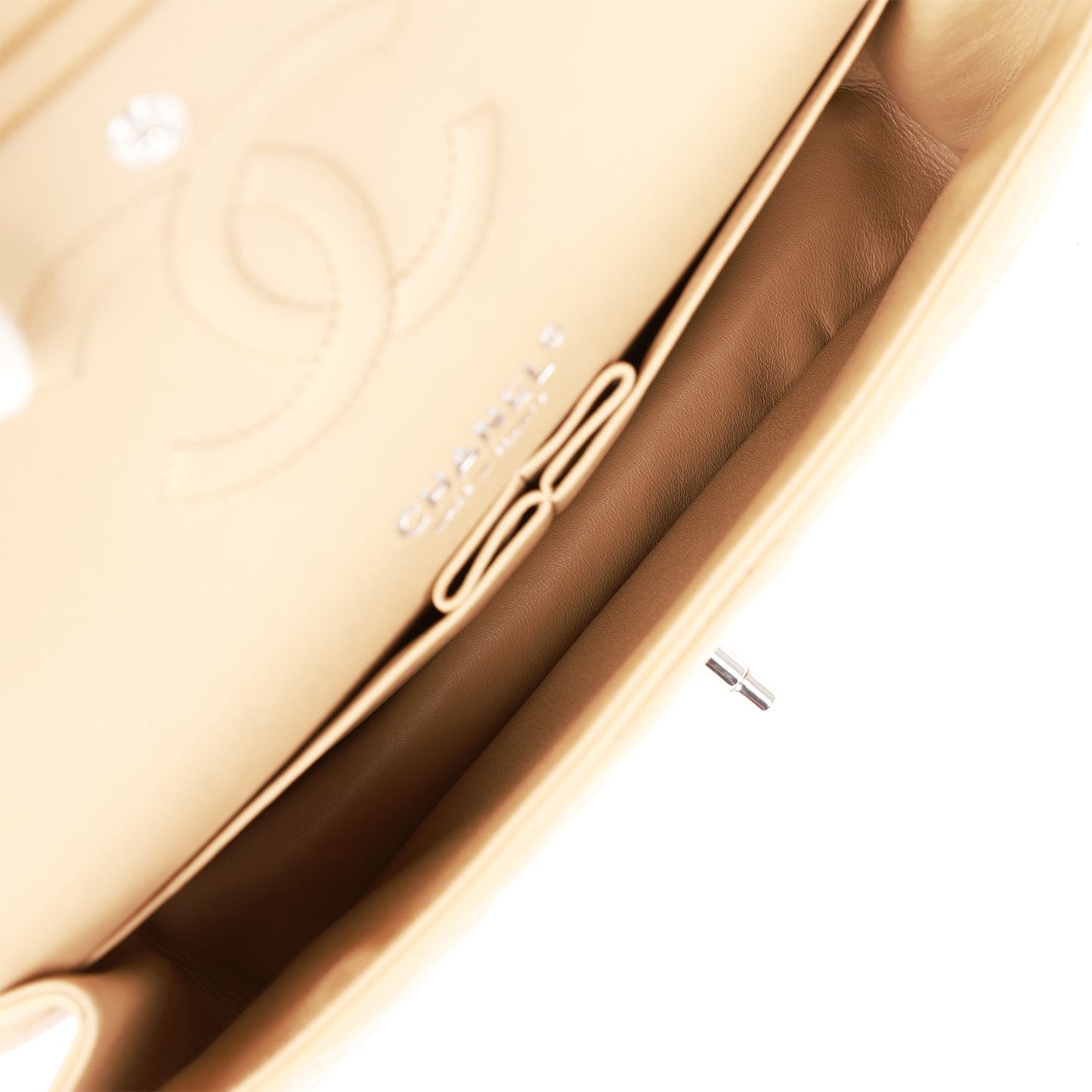 CC Medium Classic Double Flap Bag Beige Lambskin Silver Hardware