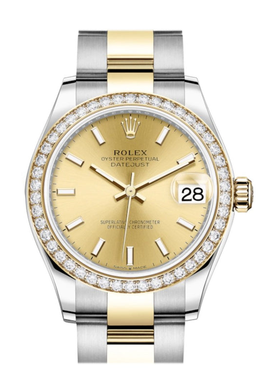 Rlx Datejust 31 Champagne Dial Diamond Bezel Yellow Gold Two Tone Watch 278383RBR 278383