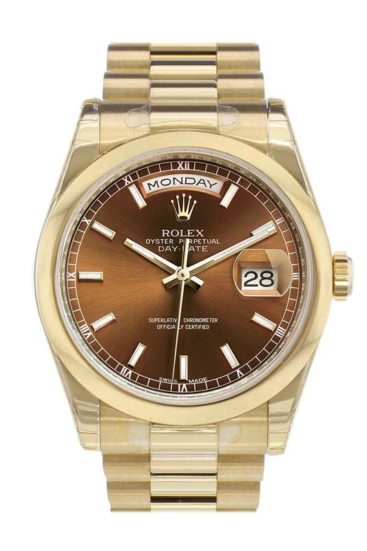 RLX Day-Date 36 Cognac Dial President Yellow Gold Watch 118208