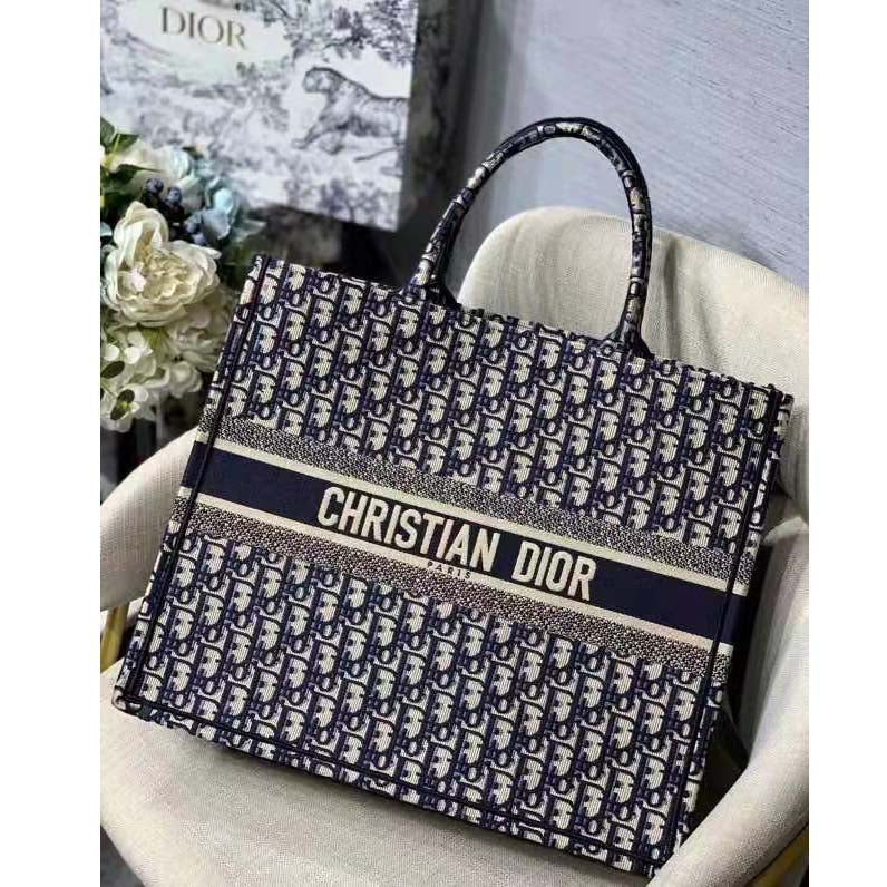 CD Unisex CD Large Book Tote Navy Blue CD Oblique Embroidery