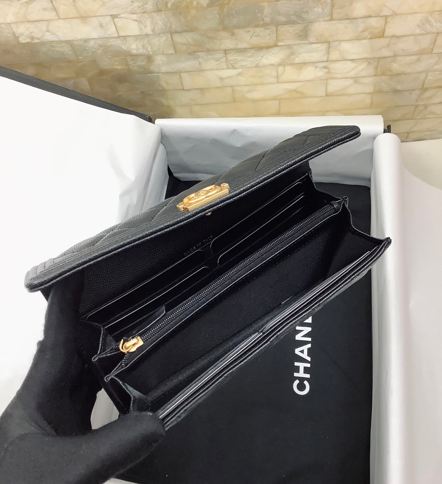 cc CO-CO Long Flap Wallet 19.5cm/7.7in Gold Hardware For Women Black