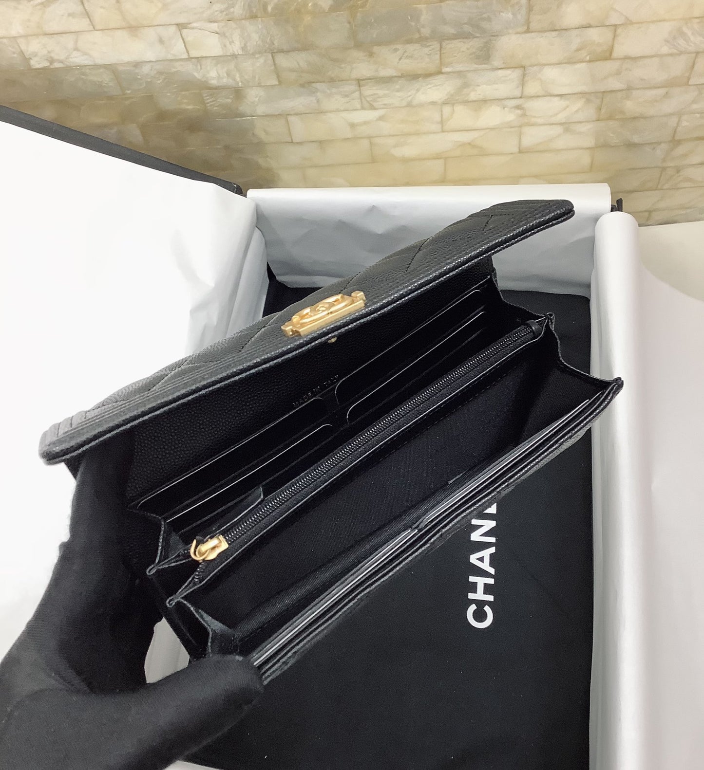 cc CO-CO Long Flap Wallet 19.5cm/7.7in Gold Hardware For Women Black