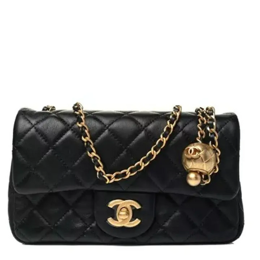 CC Lambskin Quilted CC Pearl Crush Mini Rectangular Flap Black