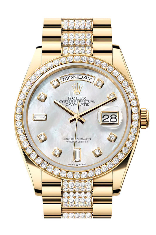 RLX Day-Date 36 Mother-of-Pearl Diamond Dial Gold Diamond Bezel Watch 128348RBR-0019 128348RBR