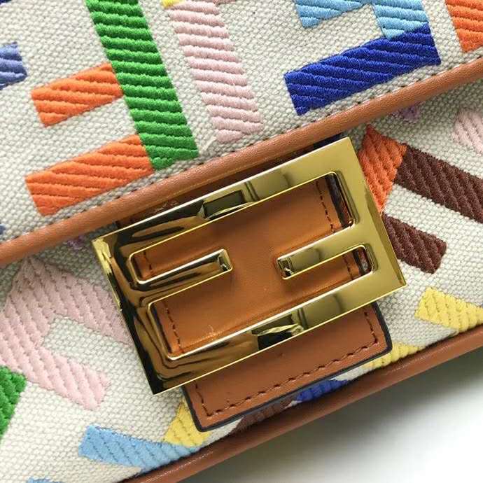 Fd Women Iconic Baguette Medium Size FF Beige Canvas Bag