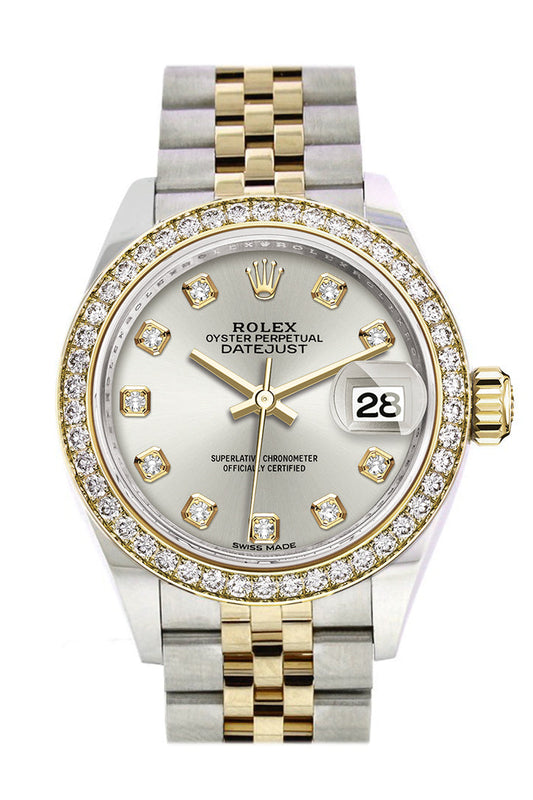 Rlx Datejust 28 Silver set with diamonds Dial Diamond Bezel Yellow Gold Jubilee Ladies Watch 279383RBR 279383