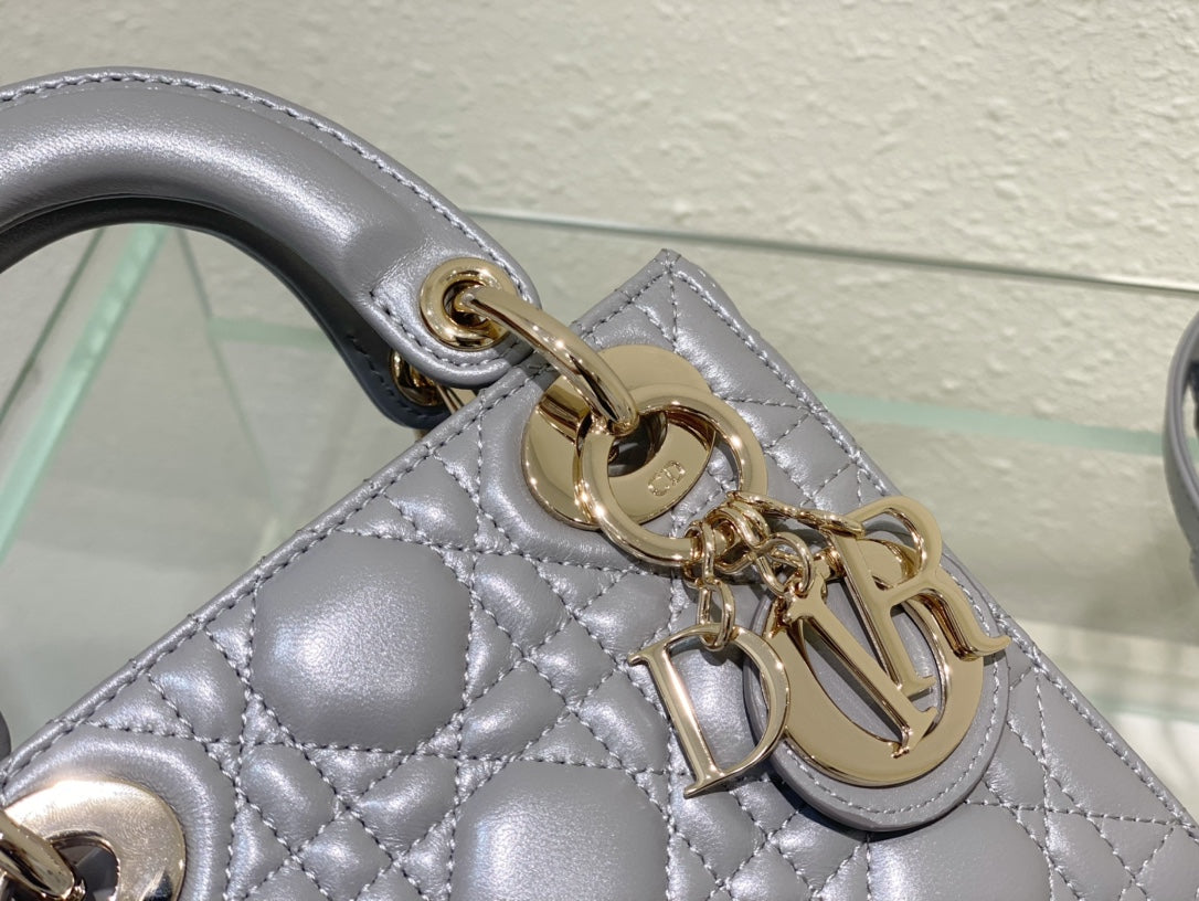 Dior Opaline Grey Lambskin Mini Lady Dior Bag 17x15x7cm