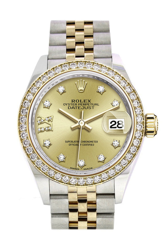 Rlx Datejust 28 Champagne Diamond Star Dial Diamond Bezel Yellow Gold Jubilee Ladies Watch 279383RBR 279383