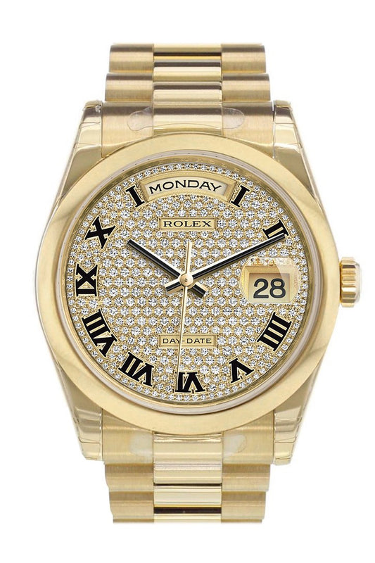 RLX Day-Date 36 Diamond Paved Dial President Yellow Gold Watch 118208
