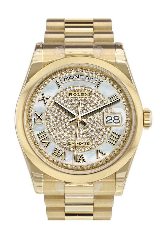 RLX Day-Date 36 White mother of pearl Diamonds paved Dial President Yellow Gold Watch 118208