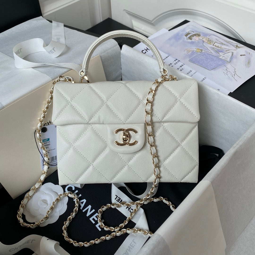 Chanel Small Flap Kelly Bag With Top Handle in Grained Calfskin white AS4711