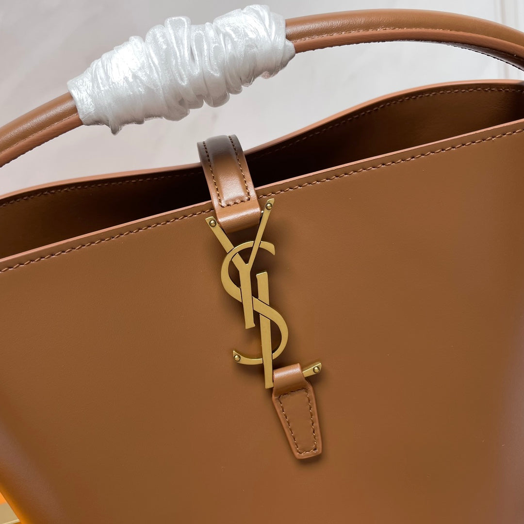 SAINT LAURENT LE 37 Mini Shiny Leather Bucket Bag Brown