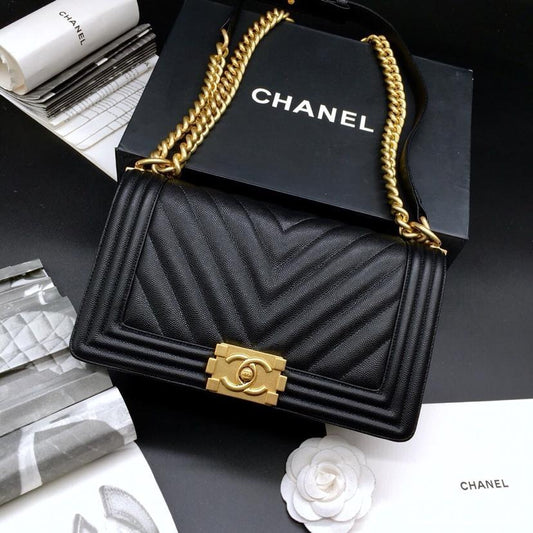 CC 25.5cm Boy Handbag Black Grained Calfskin Gold Tone Metal Caviar leather