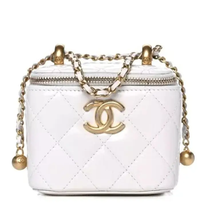 CC Calfskin Quilted Mini Perfect Fit Vanity Case With Chain White