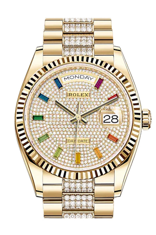 RLX Day-Date 36 Diamond-Paved Dial 18K Yellow Gold Watch Diamond set president Bracelet 128238