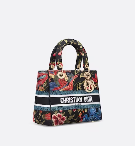 MEDIUM LADY D-LITE BAG Black Multicolor D Birds Embroidery