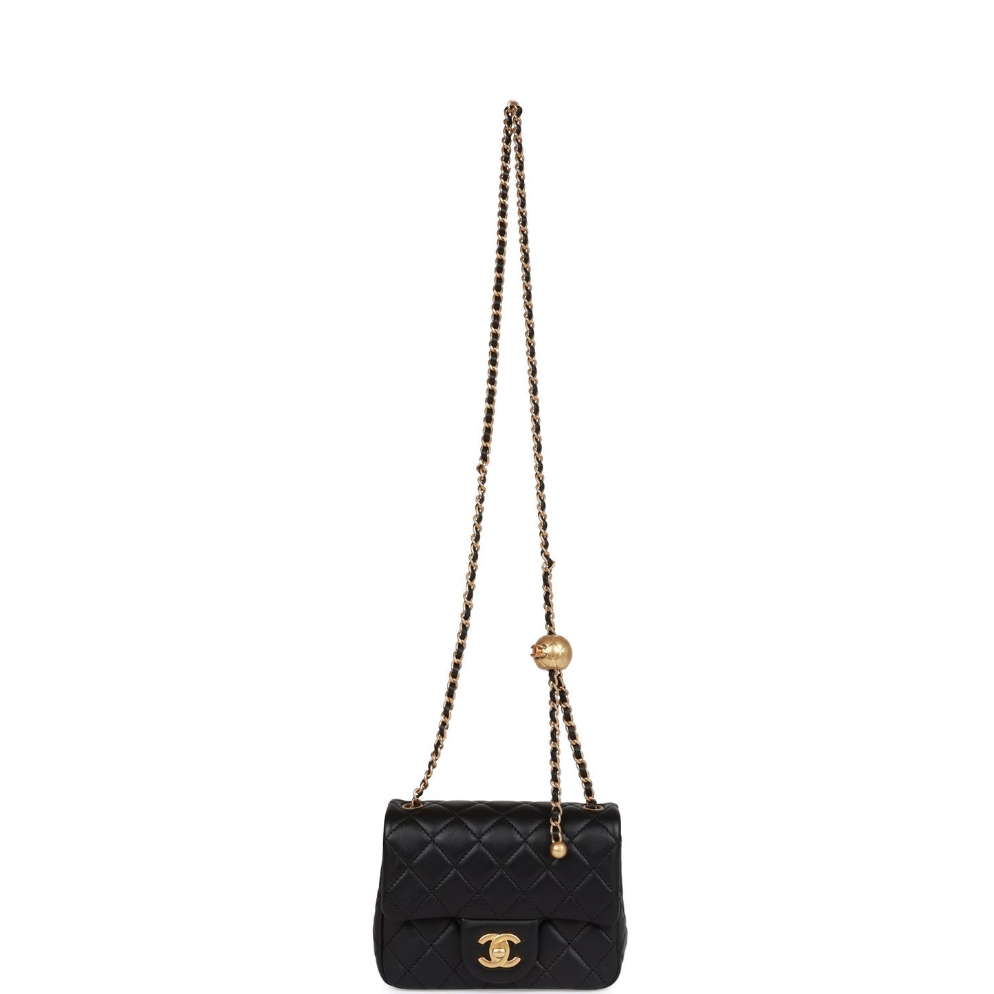 CC Pearl Crush Mini Square Flap Bag Black Lambskin Antique Gold Hardware