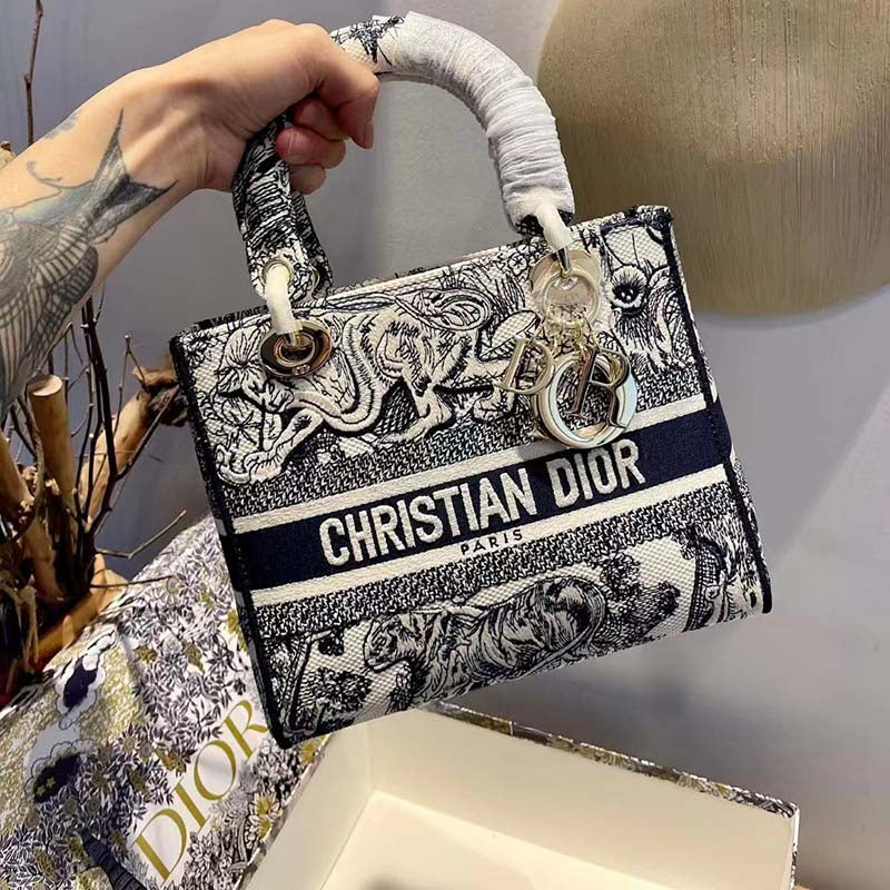 CD Women CD Medium Lady D-Lite Bag Blue Toile De Jouy Embroidery