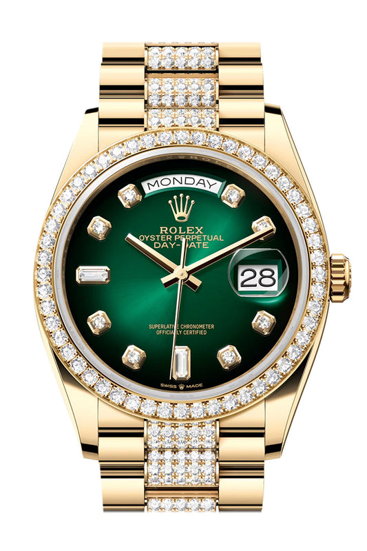 RLX Day-Date 36 Green ombré Diamond Dial Gold Diamond Bezel Watch 128348RBR-0036 128348RBR