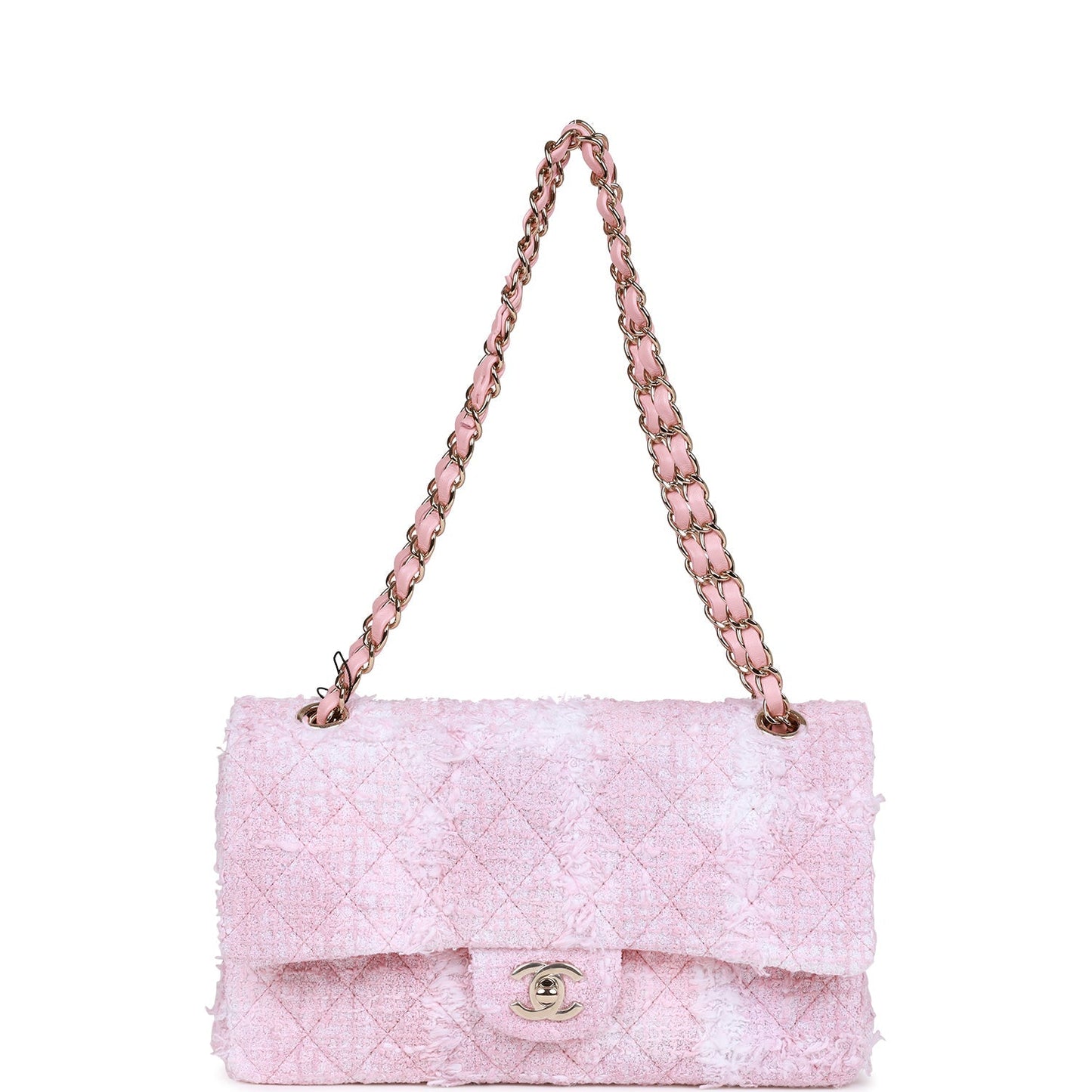 CC Medium Classic Double Flap Bag Rose Sakura Tweed Light Gold Hardware