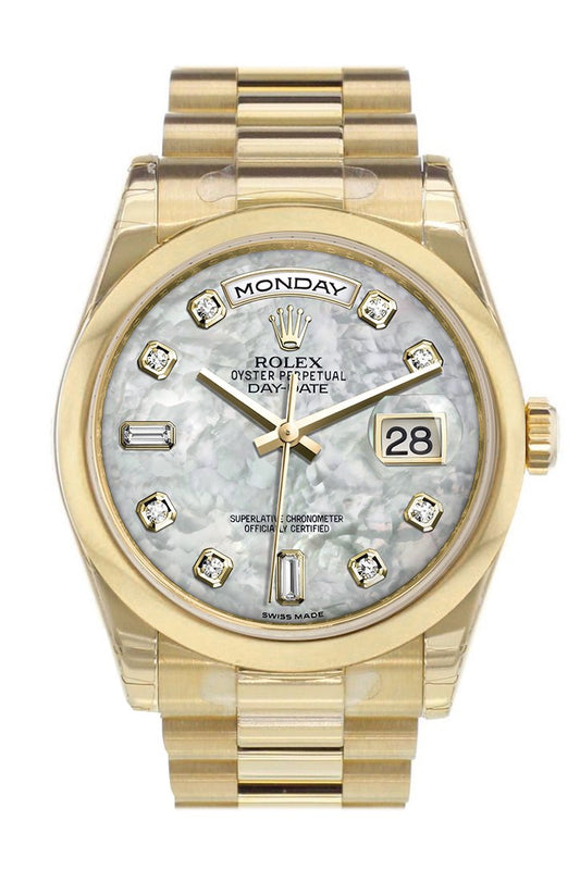 RLX Day-Date 36 White mother of pearl set with Diamonds Dial President Yellow Gold Watch 118208
