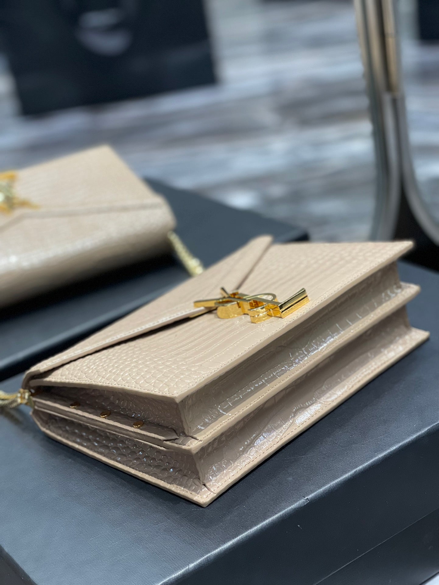 Y Cassandra Medium Chain Bag Dark Beige In Grain De Poudre Embossed