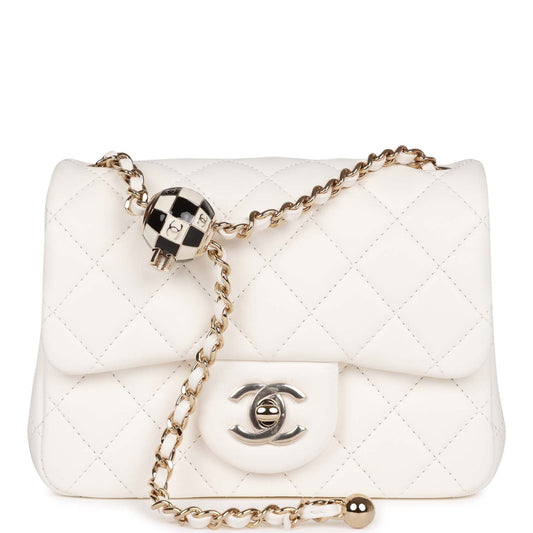 CC Pearl Crush Mini Square Flap Bag White Lambskin Light Gold Hardware