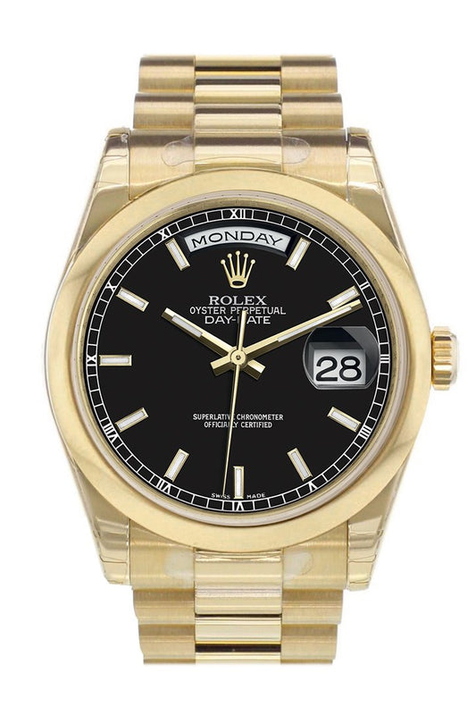 RLX Day-Date 36 Black Dial President Yellow Gold Watch 118208