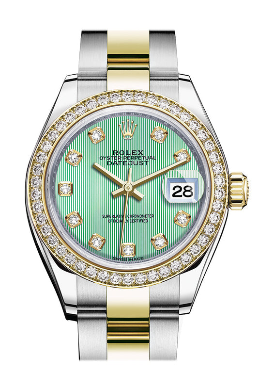 Rlx Datejust 28 Mint Green set with diamonds Dial Diamond Bezel Yellow Gold Ladies Watch 279383RBR 279383