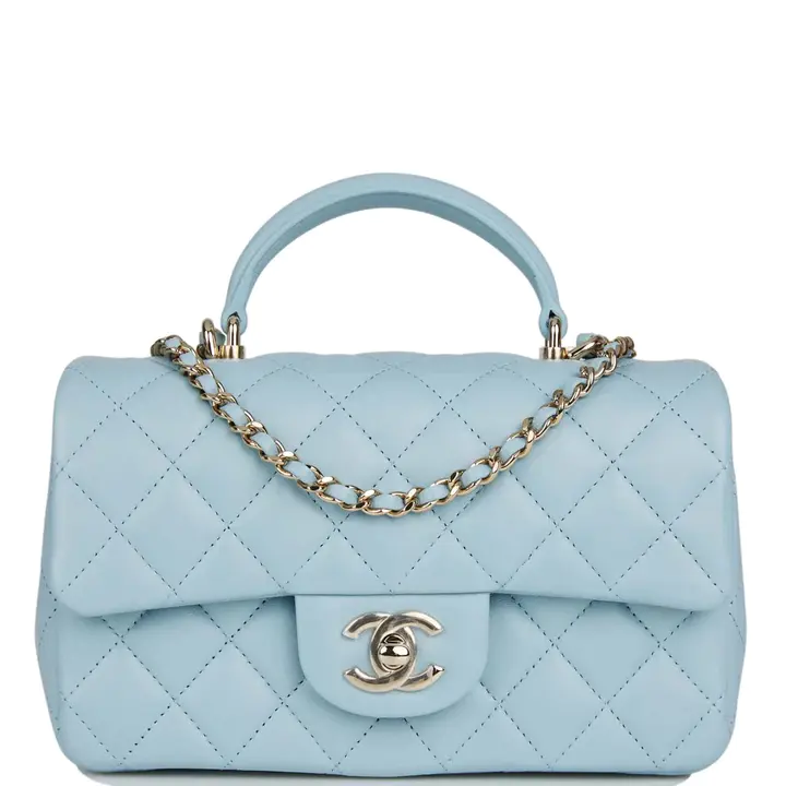 CC Mini Rectangular Flap with Top Handle Blue Lambskin Light Gold Hardware