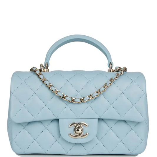 CC Mini Rectangular Flap with Top Handle Blue Lambskin Light Gold Hardware