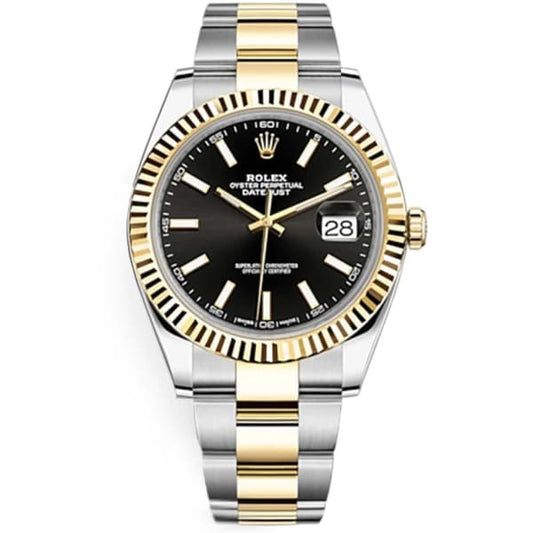 Rlx Oyster Perpetual Datejust 41 Watch, two-tone Oyster bracelet, Black dial, Fluted Bezel