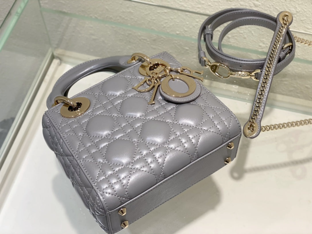 Dior Opaline Grey Lambskin Mini Lady Dior Bag 17x15x7cm