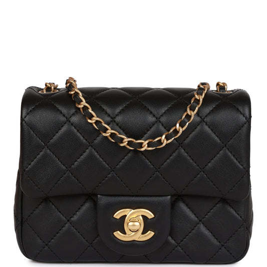 CC Pearl Crush Mini Square Flap Bag Black Lambskin Antique Gold Hardware