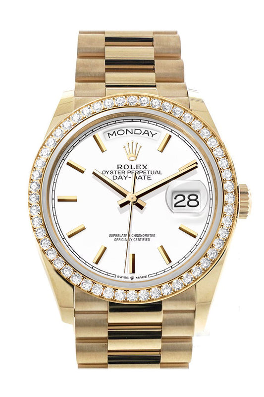 RLX Day-Date 36 White Dial Gold Diamond Bezel Watch 128348RBR-0047 128348RBR