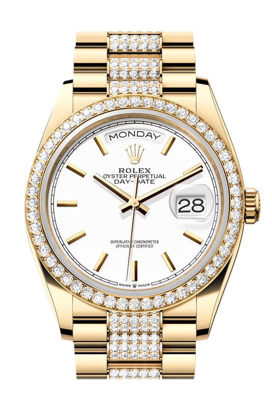RLX Day-Date 36 White Dial Gold Diamond Bezel Watch 128348RBR-0048 128348RBR