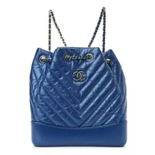 CC Iridescent Aged Calfskin Chevron Quilted Small Gabrielle Backpack Blue