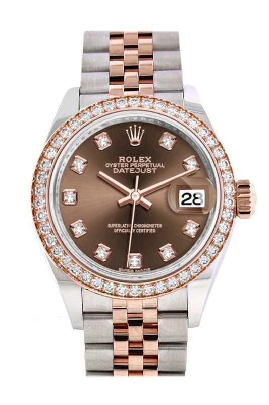 Rlx Datejust 28 Chocolate Diamonds Dial White Roman Dial Diamond Bezel Rose Gold Two Tone Watch 279381RBR 279381