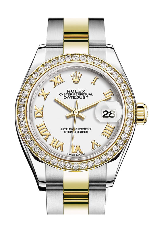 Rlx Datejust 28 White Roman Dial Diamond Bezel Yellow Gold Ladies Watch 279383RBR 279383