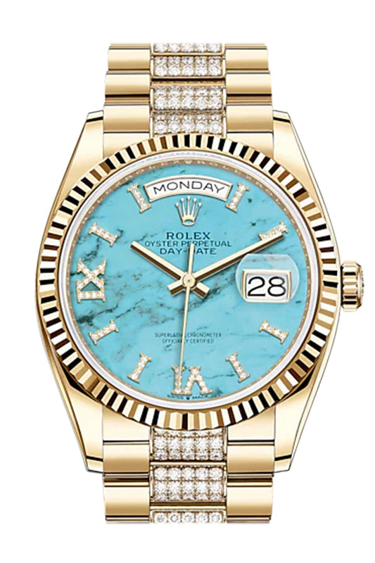 RLX Day-Date 36 Turquoise Dial 18K Yellow Gold Watch Diamond set president Bracelet 128238