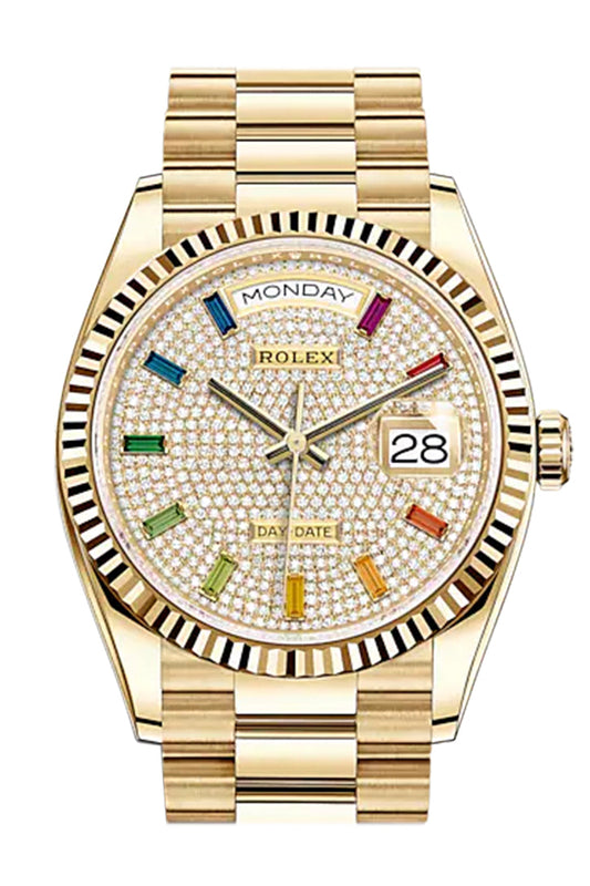 RLX Day-Date 36 Diamond-Paved Diamond Dial 18K Yellow Gold Watch 128238