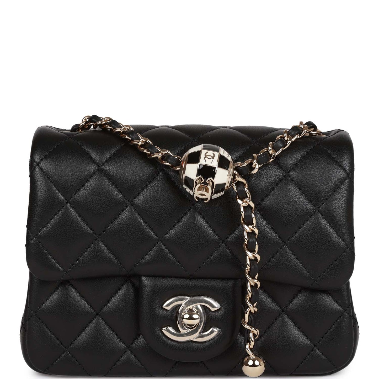 CC Pearl Crush Mini Square Flap Bag Black Lambskin Light Gold Hardware