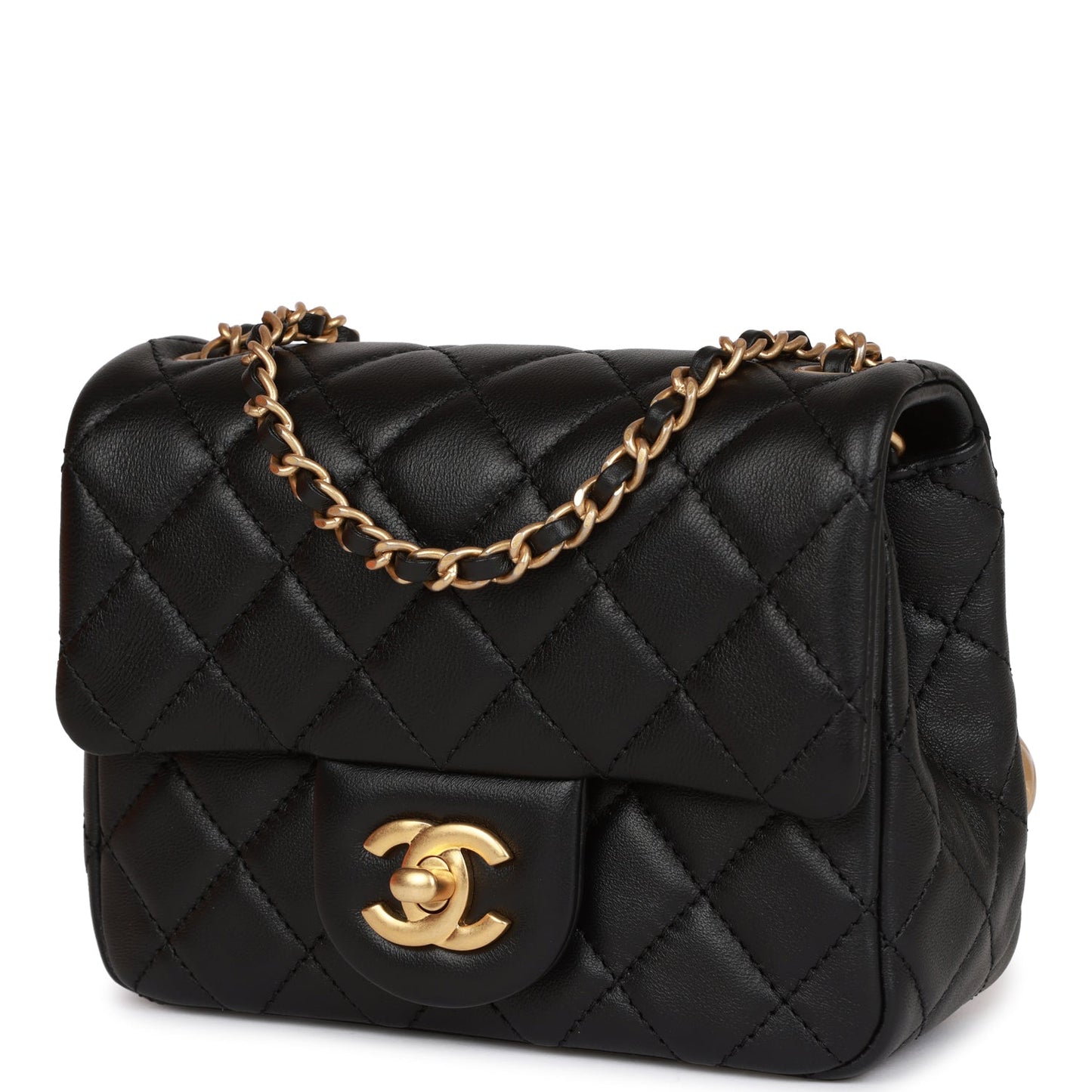 CC Pearl Crush Mini Square Flap Bag Black Lambskin Antique Gold Hardware