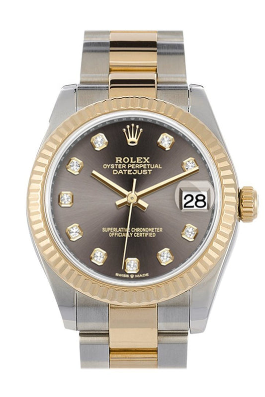 Rlx Datejust 31 Dark Grey Diamonds Dial Fluted Bezel 18K Yellow Gold Two Tone Watch 278273 NP